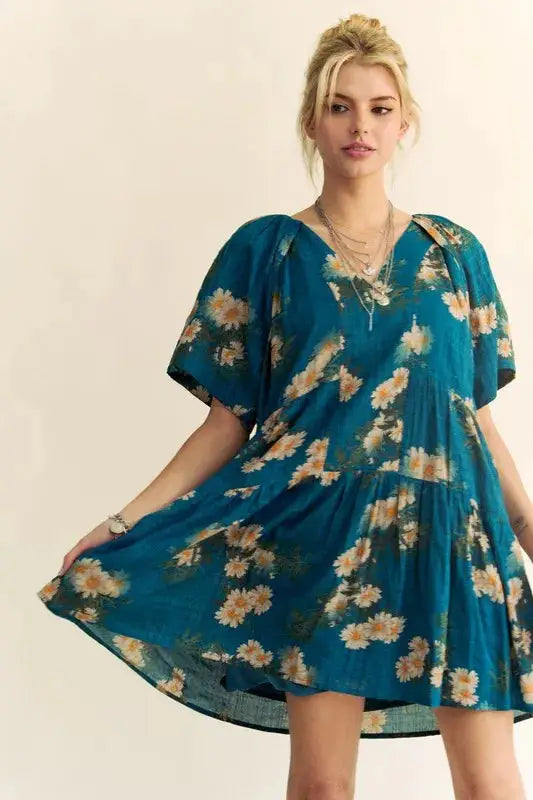 Davi & Dani Floral Print Short Bell Sleeve Pleated Mini Dress - Clothes For Her Online Store