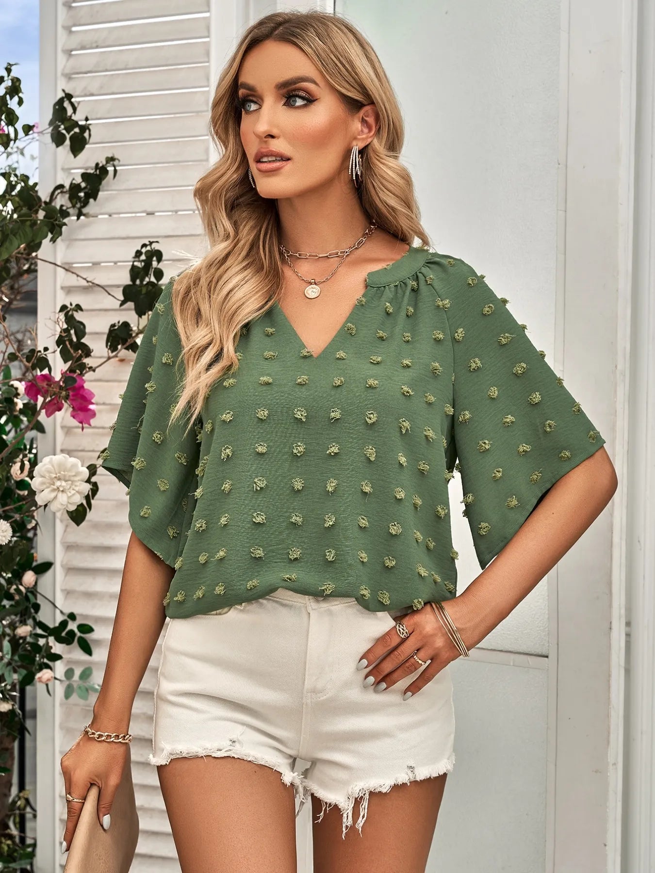 Swiss Dot Notched Half Se Blouse