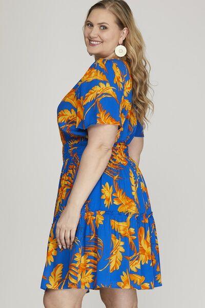 She + Sky Full Size Printed Notched Short Sleeve Frill Tiered Dress Plus Size - Clothes For Her Online Store