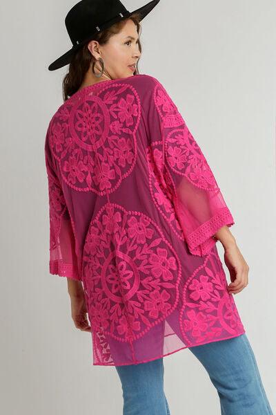 Umgee Full Size Floral Lace Open Front Kimono Sleevee Cover Up with Waist Tie Plus Size