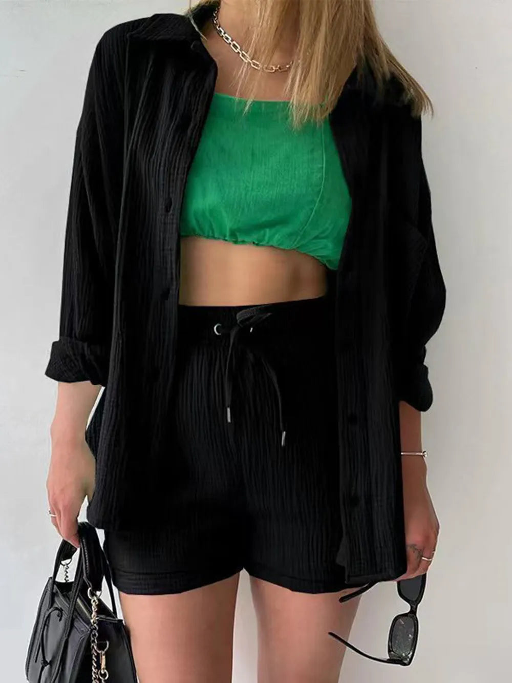 Texture Button Up Shirt and Drawstring Shorts Set - Clothes For Her Online Store