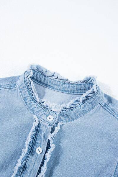 Button Down Raw Hem Ruffled Denim Shirt