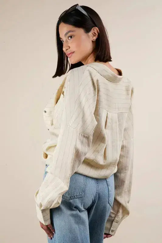 VERY J Oversized Striped Button Down Shirt Top - Clothes For Her Online Store