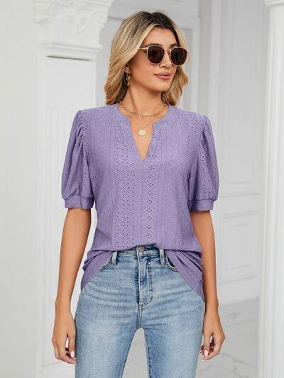 Florira Eyelet Notched Short Sleeve T-Shirt