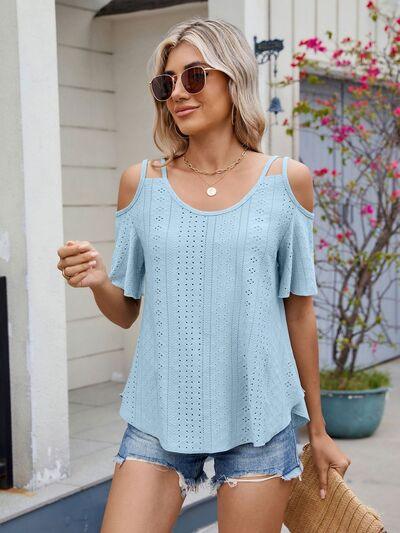 Florira Round Neck Cold Shoulder Eyelet T-Shirt