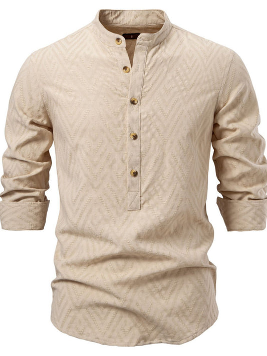 Men's Half Button Geometric Texture Collared Neck Shirt - Clothes For Her Online Store