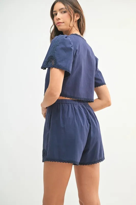 MABLE Crochet Lace Detail Crop Top and Shorts Set - Clothes For Her Online Store