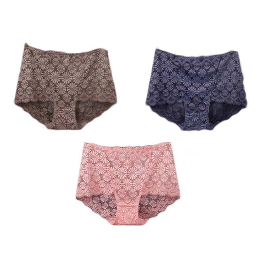 3 Pcs Lace Sexy Bikini Panties Daisy Mesh Underwear Plus Size Boyshorts Panties for Women Pack,Purplish Grey Khaki Pink - Clothes For Her Online Store