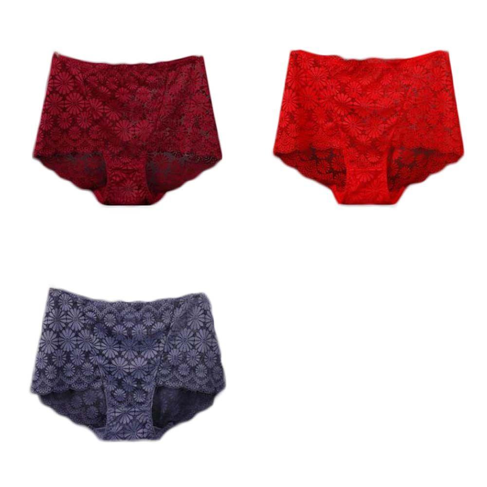3 Pcs Lace Sexy Bikini Panties Daisy Mesh Underwear Plus Size Boyshorts Panties for Women Pack,Red Purplish Grey Wine Red - Clothes For Her Online Store