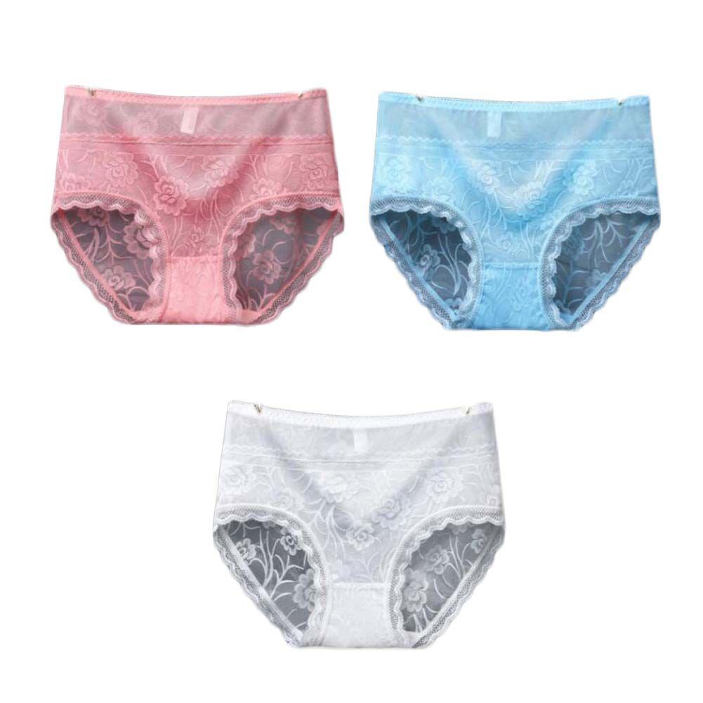 3 Pcs Lace Sexy Bikini Panties Rose Mesh Underwear High Waist Plus Size Panties for Women Pack,Pink Blue White - Clothes For Her Online Store