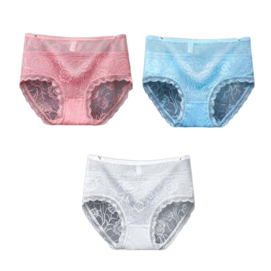 3 Pcs Lace Sexy Bikini Panties Rose Mesh Underwear High Waist Plus Size Panties for Women Pack,Pink Blue White - Clothes For Her Online Store