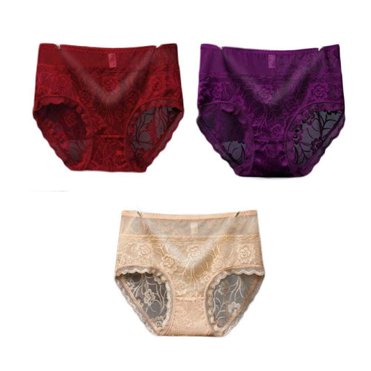3 Pcs Lace Sexy Bikini Panties Rose Mesh Underwear High Waist Plus Size Panties for Women Pack,Wine Red Purple Beige - Clothes For Her Online Store