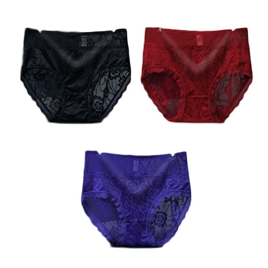 3 Pcs Lace Sexy Bikini Panties Rose Mesh Underwear High Waist Plus Size Panties for Women Pack,Wine Red Royal Blue Black - Clothes For Her Online Store