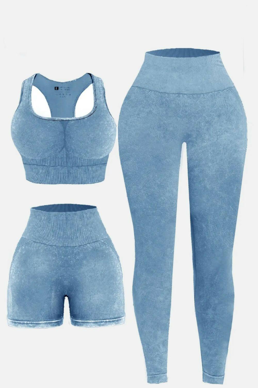 3 Piece Washed Square Neck Wide Strap Active Set - Clothes For Her Online Store