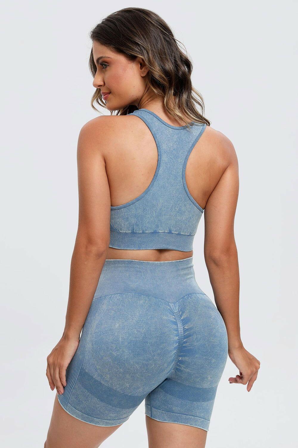 3 Piece Washed Square Neck Wide Strap Active Set - Clothes For Her Online Store