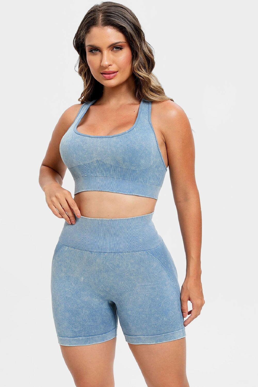 3 Piece Washed Square Neck Wide Strap Active Set - Clothes For Her Online Store