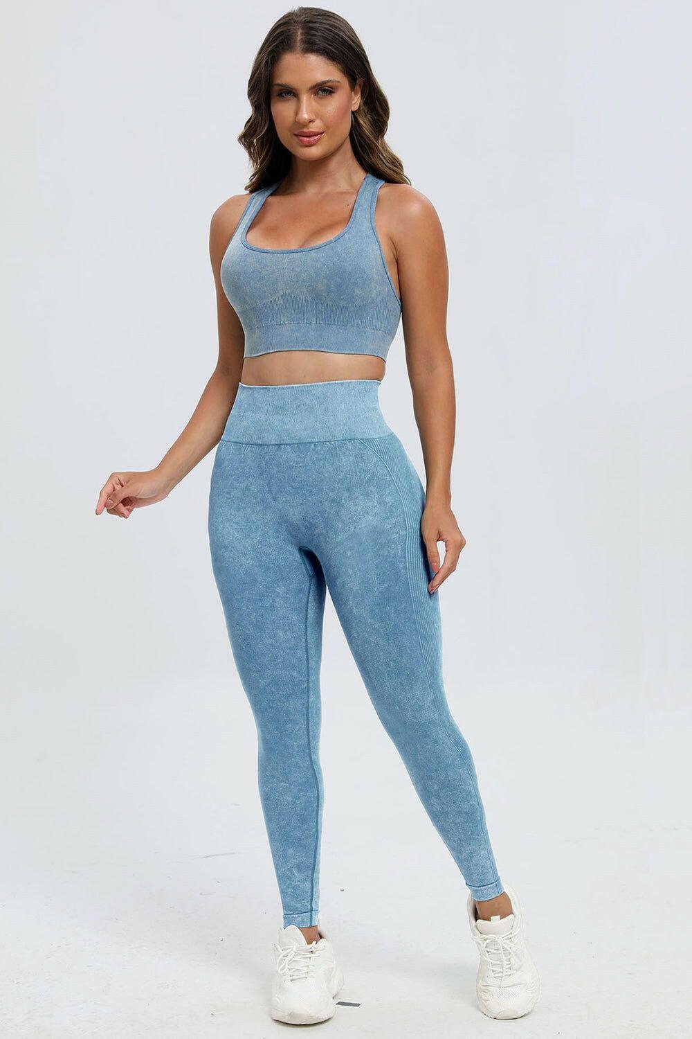 3 Piece Washed Square Neck Wide Strap Active Set - Clothes For Her Online Store