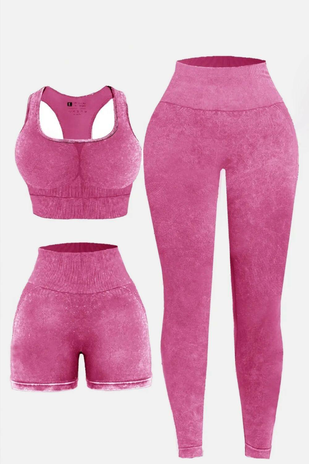3 Piece Washed Square Neck Wide Strap Active Set - Clothes For Her Online Store