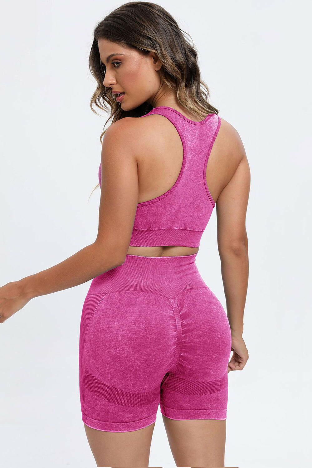 3 Piece Washed Square Neck Wide Strap Active Set - Clothes For Her Online Store