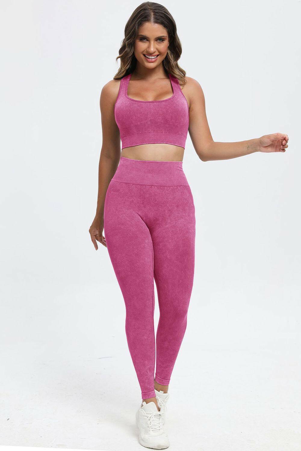 3 Piece Washed Square Neck Wide Strap Active Set - Clothes For Her Online Store