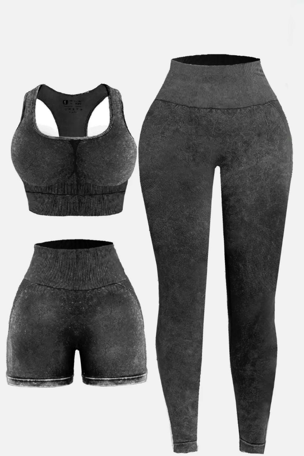 3 Piece Washed Square Neck Wide Strap Active Set - Clothes For Her Online Store