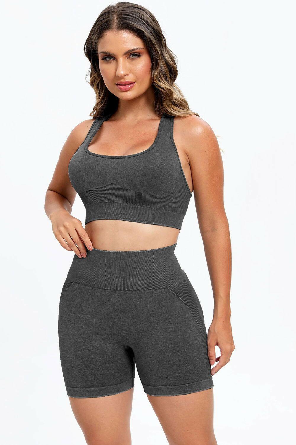 3 Piece Washed Square Neck Wide Strap Active Set - Clothes For Her Online Store