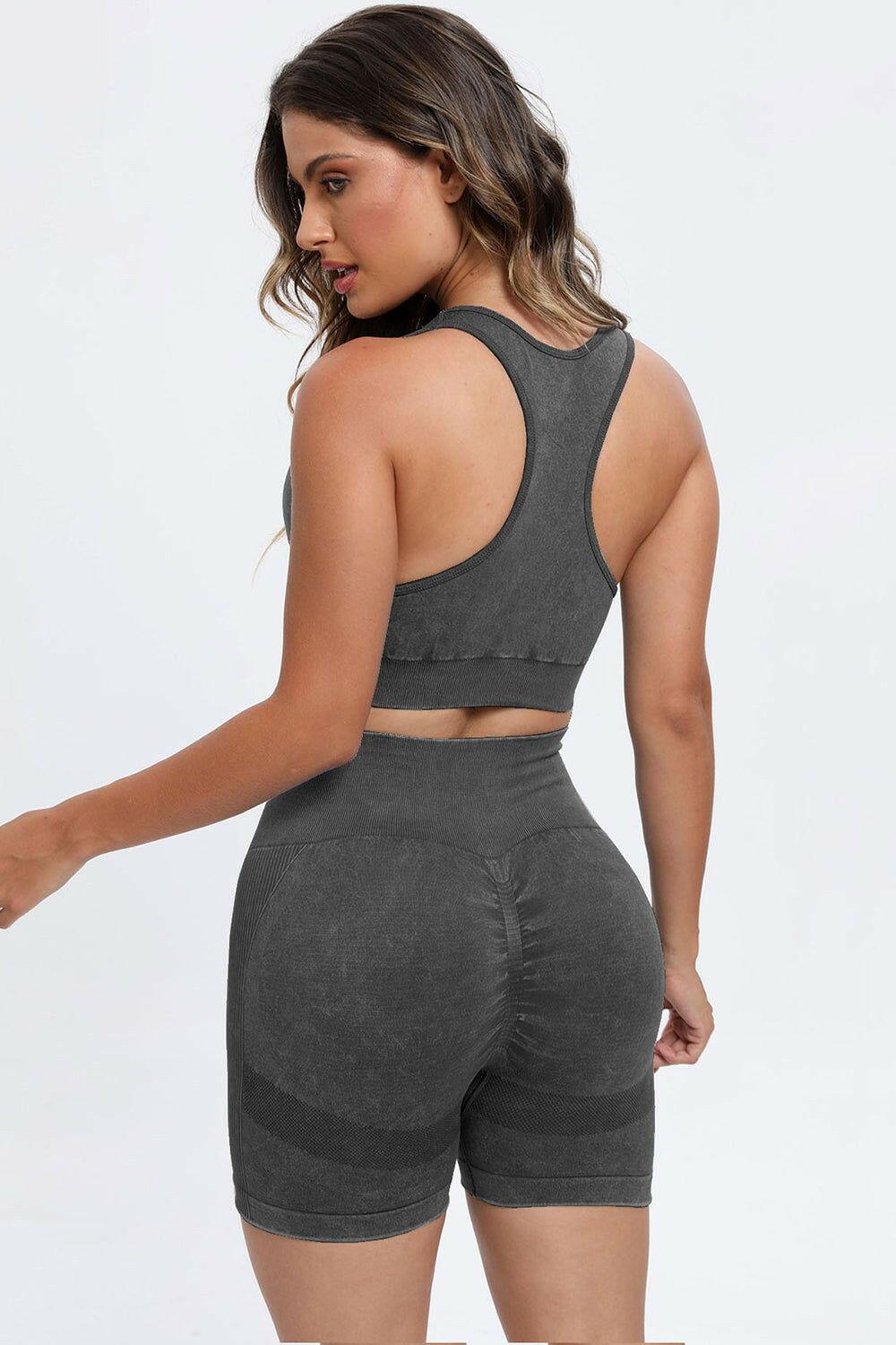 3 Piece Washed Square Neck Wide Strap Active Set - Clothes For Her Online Store