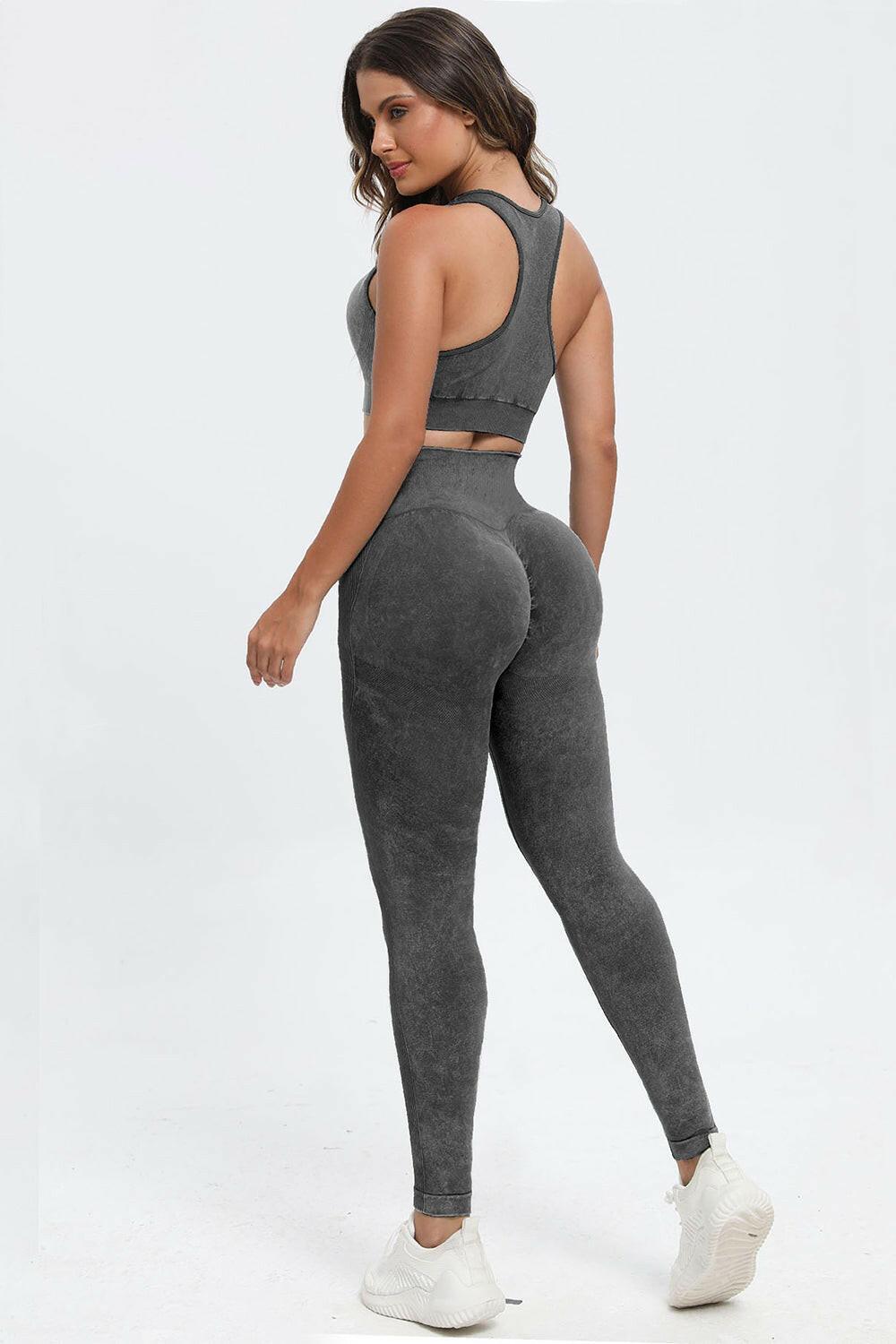 3 Piece Washed Square Neck Wide Strap Active Set - Clothes For Her Online Store