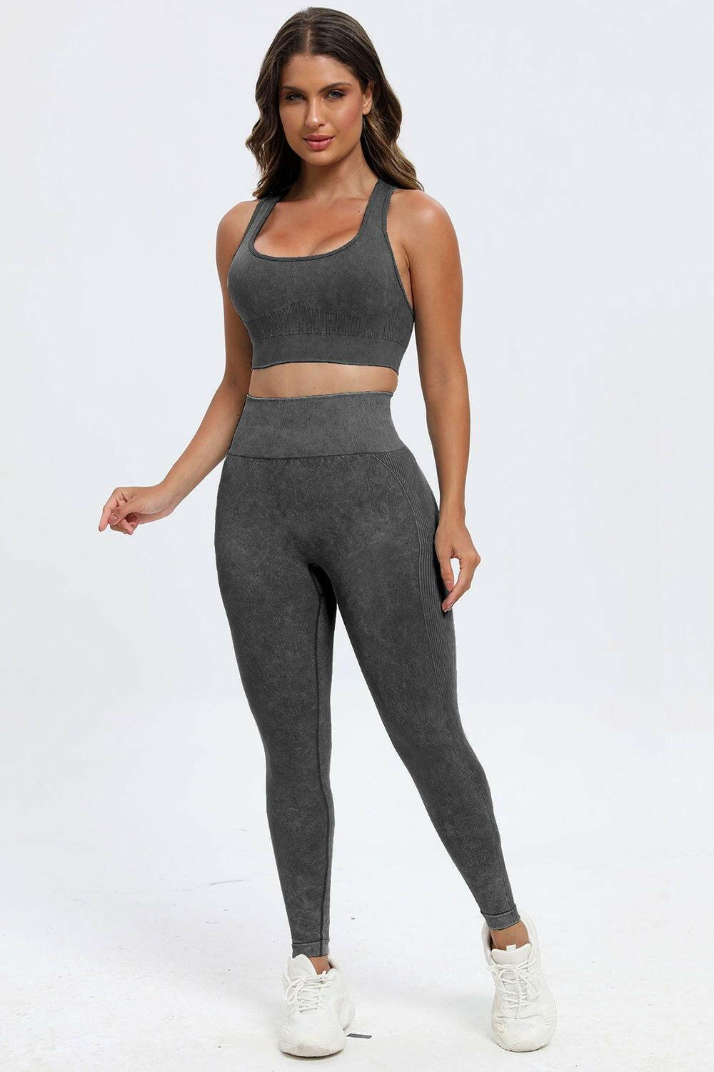 3 Piece Washed Square Neck Wide Strap Active Set - Clothes For Her Online Store
