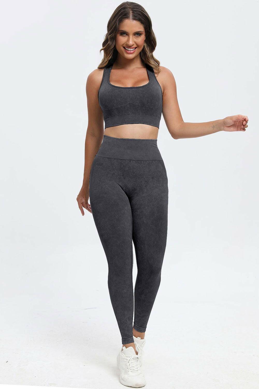 3 Piece Washed Square Neck Wide Strap Active Set - Clothes For Her Online Store