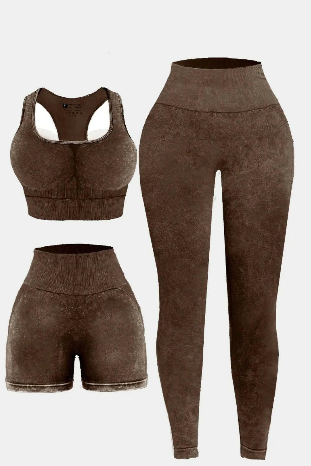3 Piece Washed Square Neck Wide Strap Active Set - Clothes For Her Online Store