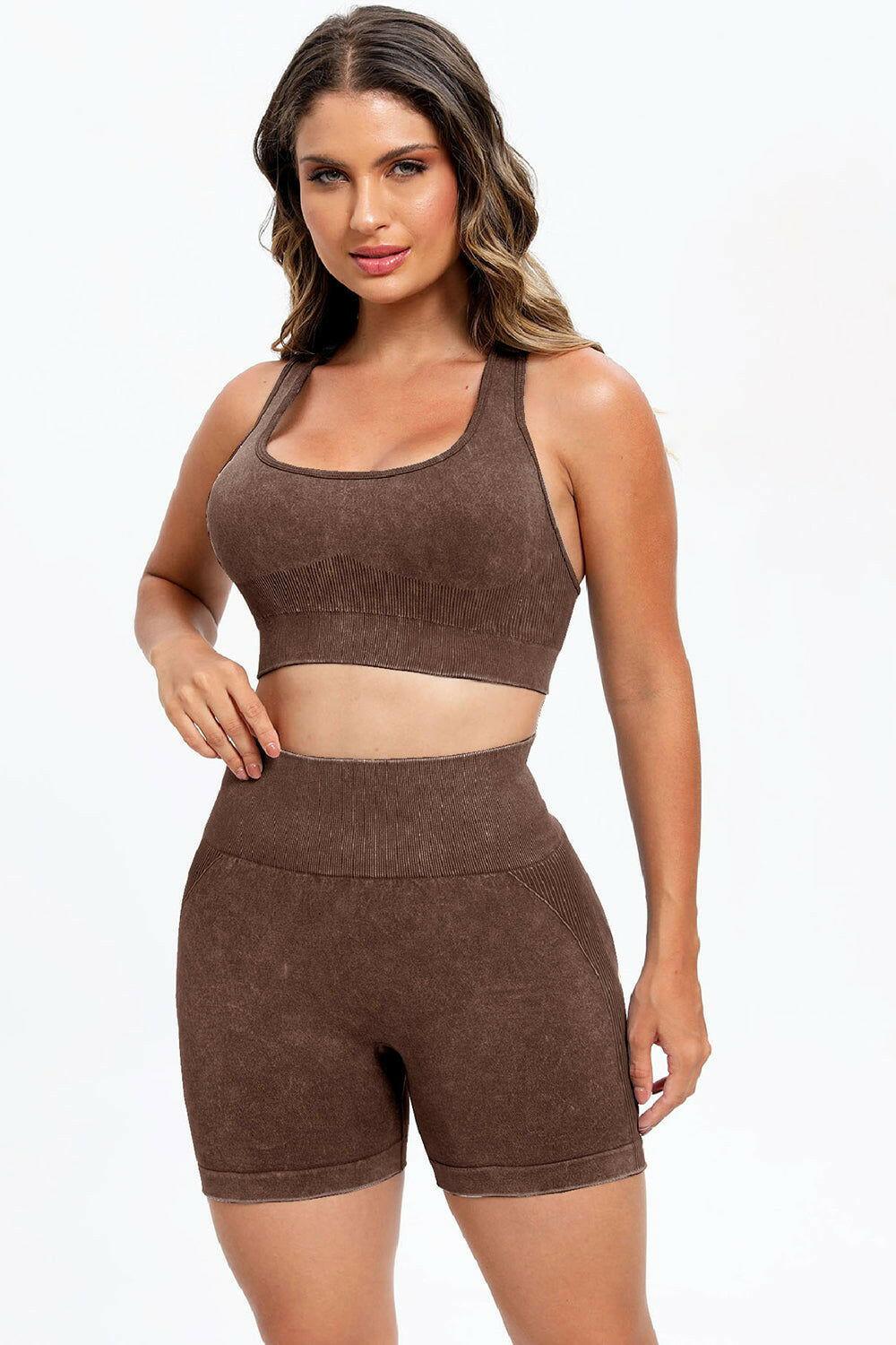 3 Piece Washed Square Neck Wide Strap Active Set - Clothes For Her Online Store