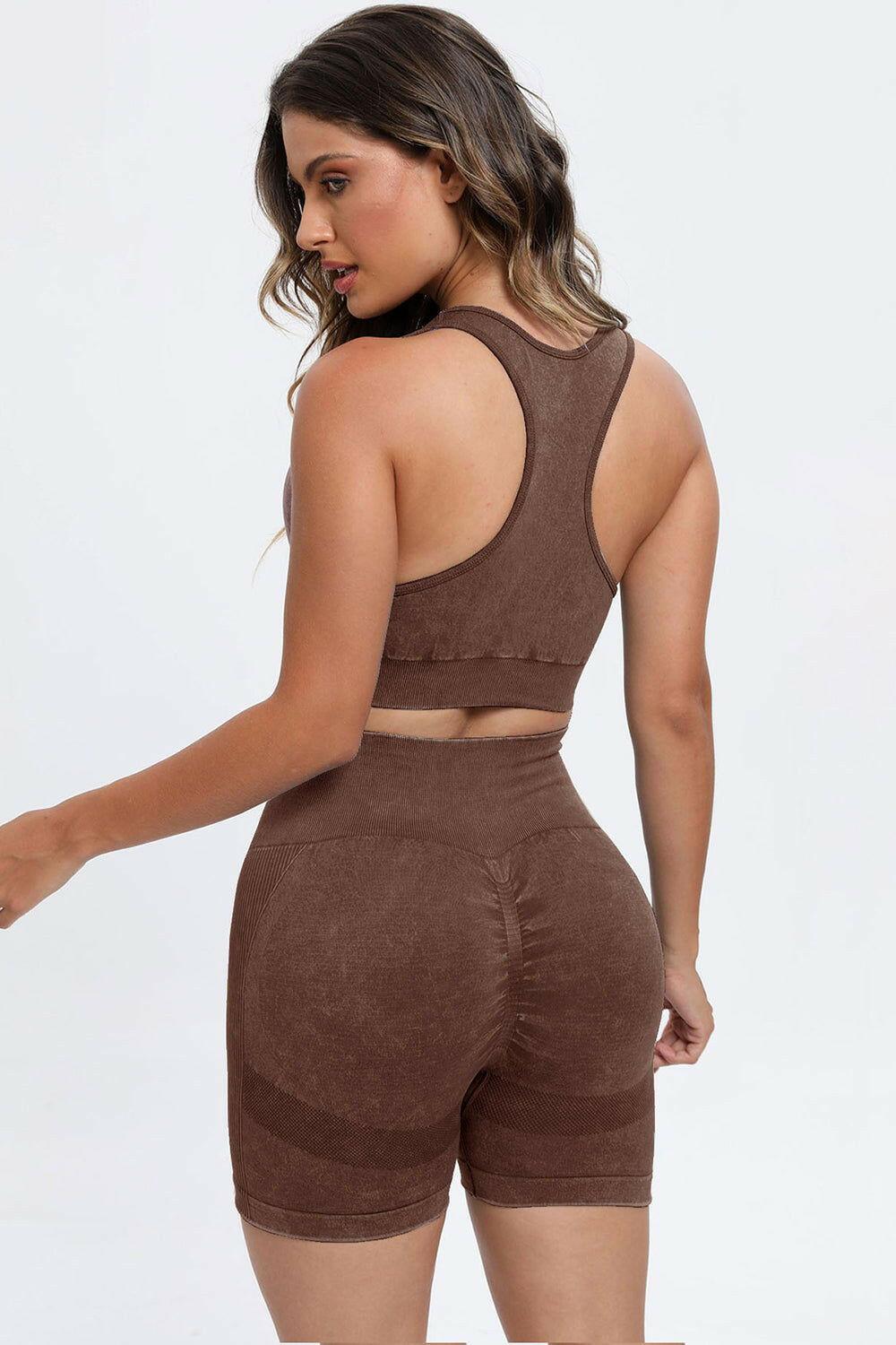 3 Piece Washed Square Neck Wide Strap Active Set - Clothes For Her Online Store