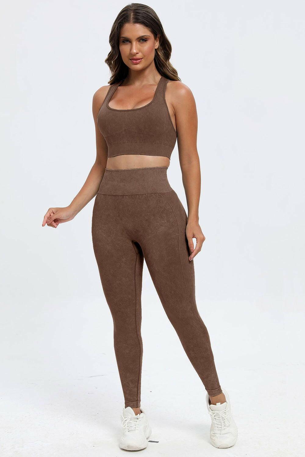 3 Piece Washed Square Neck Wide Strap Active Set - Clothes For Her Online Store