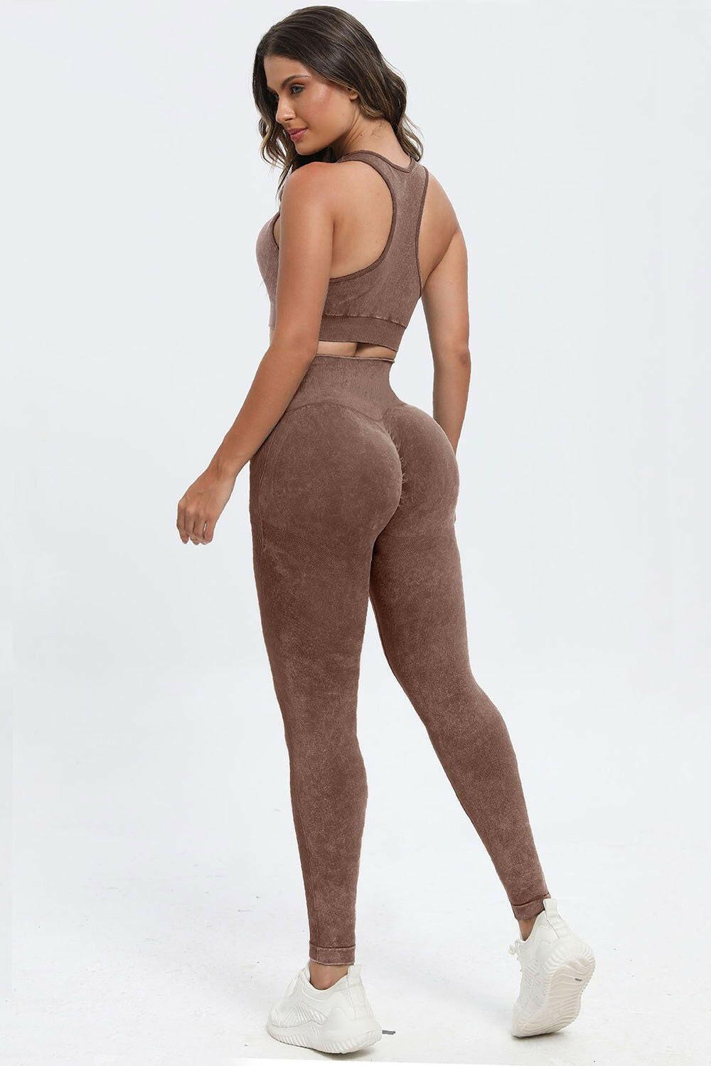 3 Piece Washed Square Neck Wide Strap Active Set - Clothes For Her Online Store