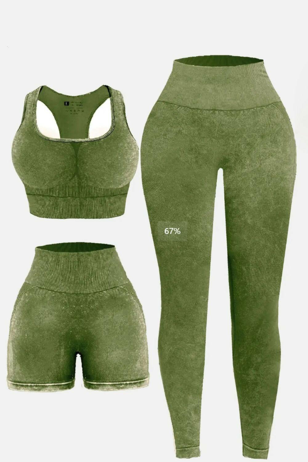 3 Piece Washed Square Neck Wide Strap Active Set - Clothes For Her Online Store
