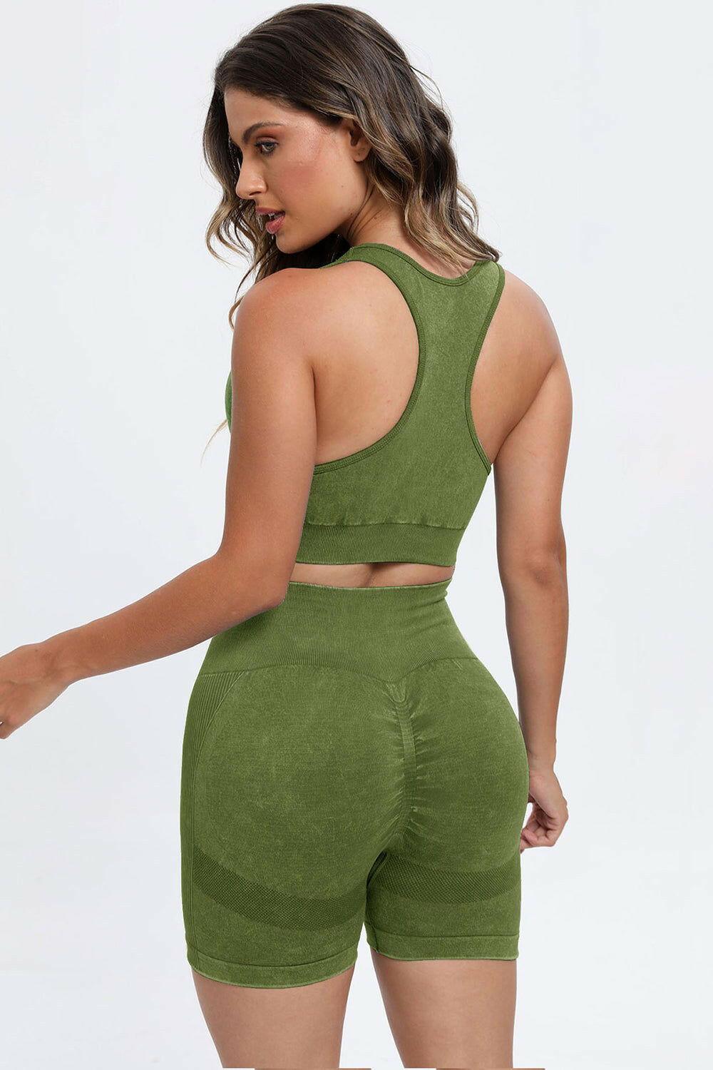 3 Piece Washed Square Neck Wide Strap Active Set - Clothes For Her Online Store