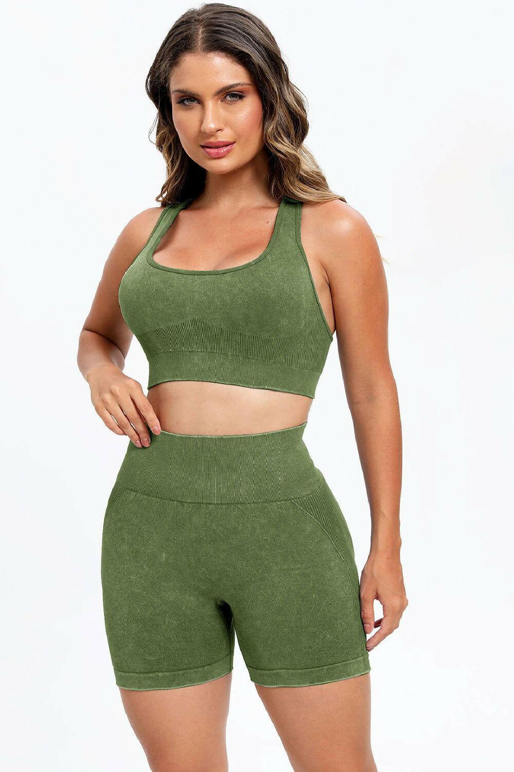 3 Piece Washed Square Neck Wide Strap Active Set - Clothes For Her Online Store
