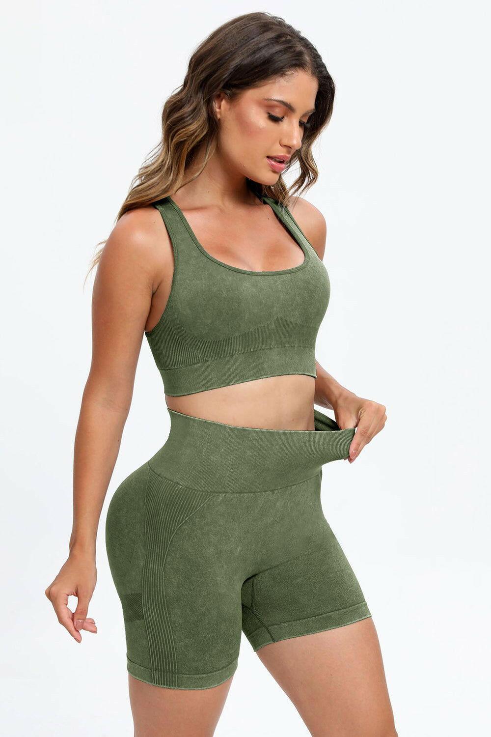 3 Piece Washed Square Neck Wide Strap Active Set - Clothes For Her Online Store