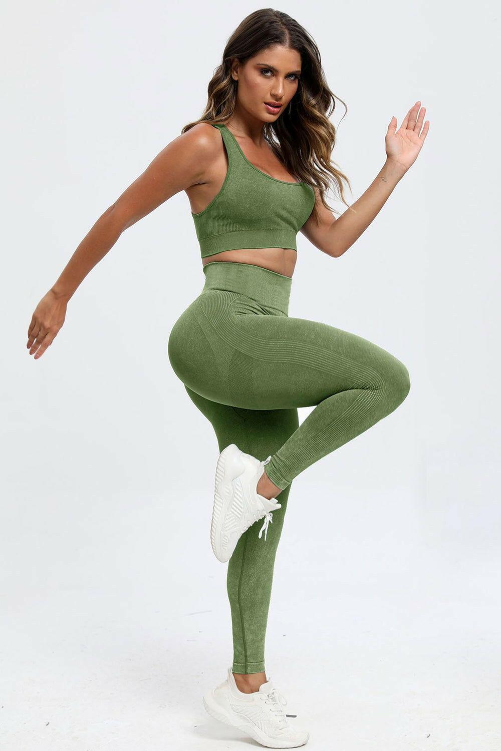 3 Piece Washed Square Neck Wide Strap Active Set - Clothes For Her Online Store