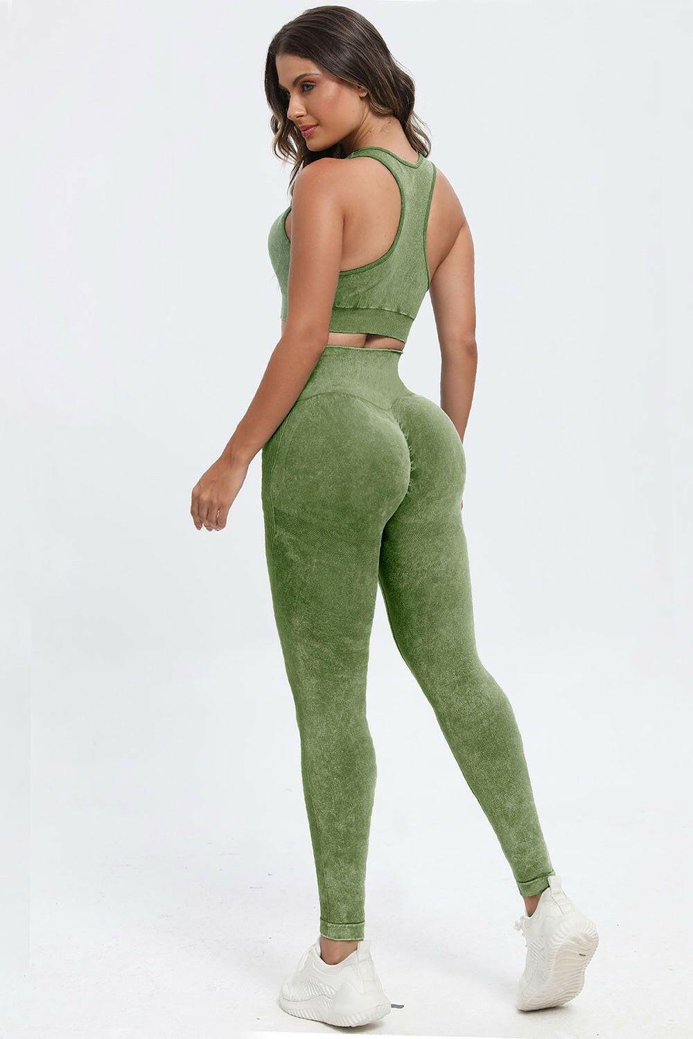 3 Piece Washed Square Neck Wide Strap Active Set - Clothes For Her Online Store