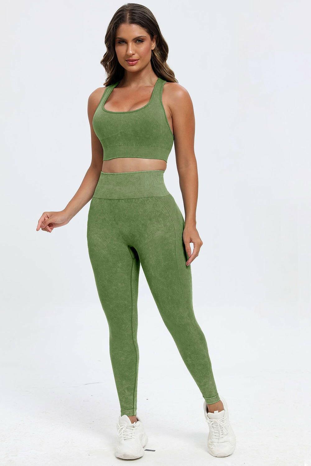 3 Piece Washed Square Neck Wide Strap Active Set - Clothes For Her Online Store