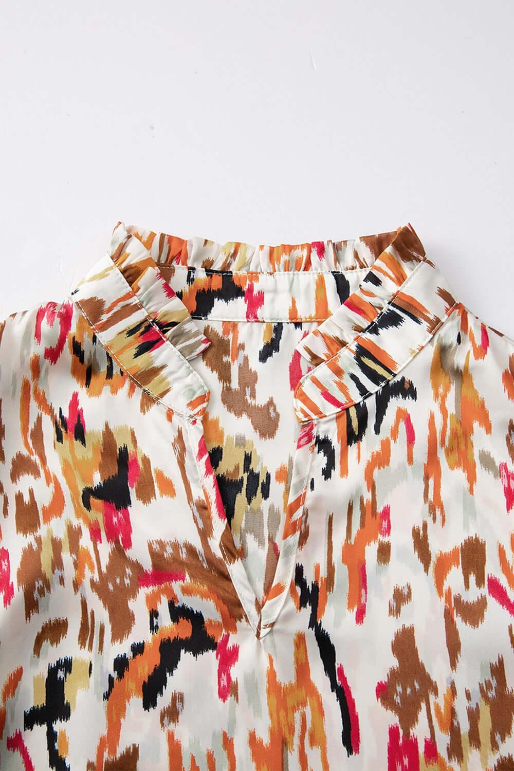 Abstract Print 3/4 Sleeve Ruffle Blouse