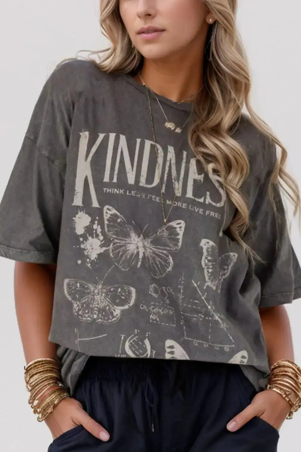 Kindness Butterflies Graphic Mineral Wash Loose Tee - Clothes For Her Online Store