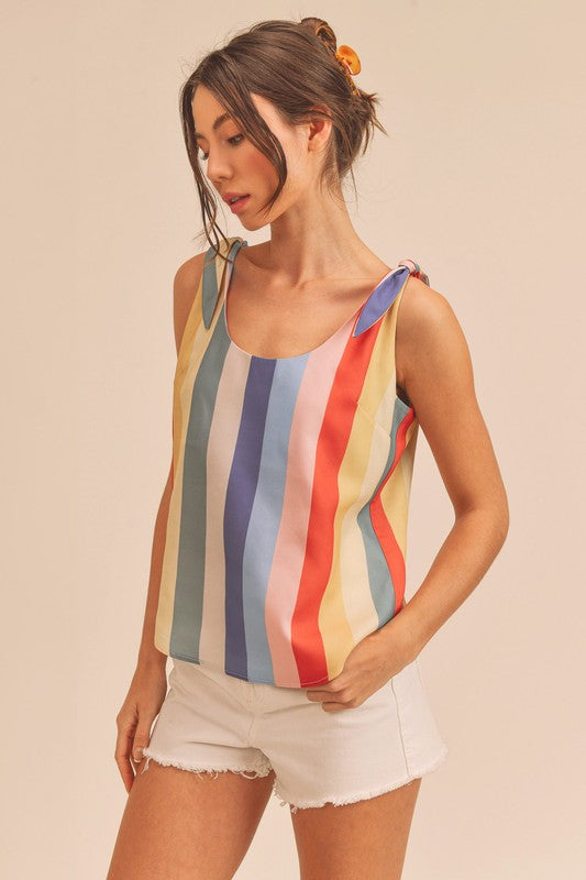 Aemi + Co Contrast Striped Scoop Neck Tie Shoulder Tank - Clothes For Her Online Store