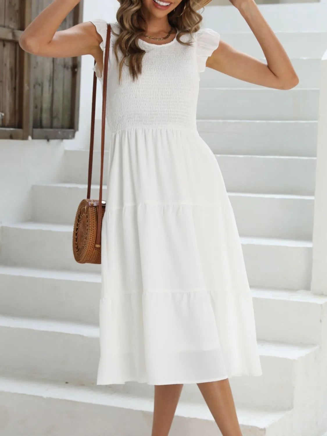 Ruffled Round Neck Cap Sleeve Dress