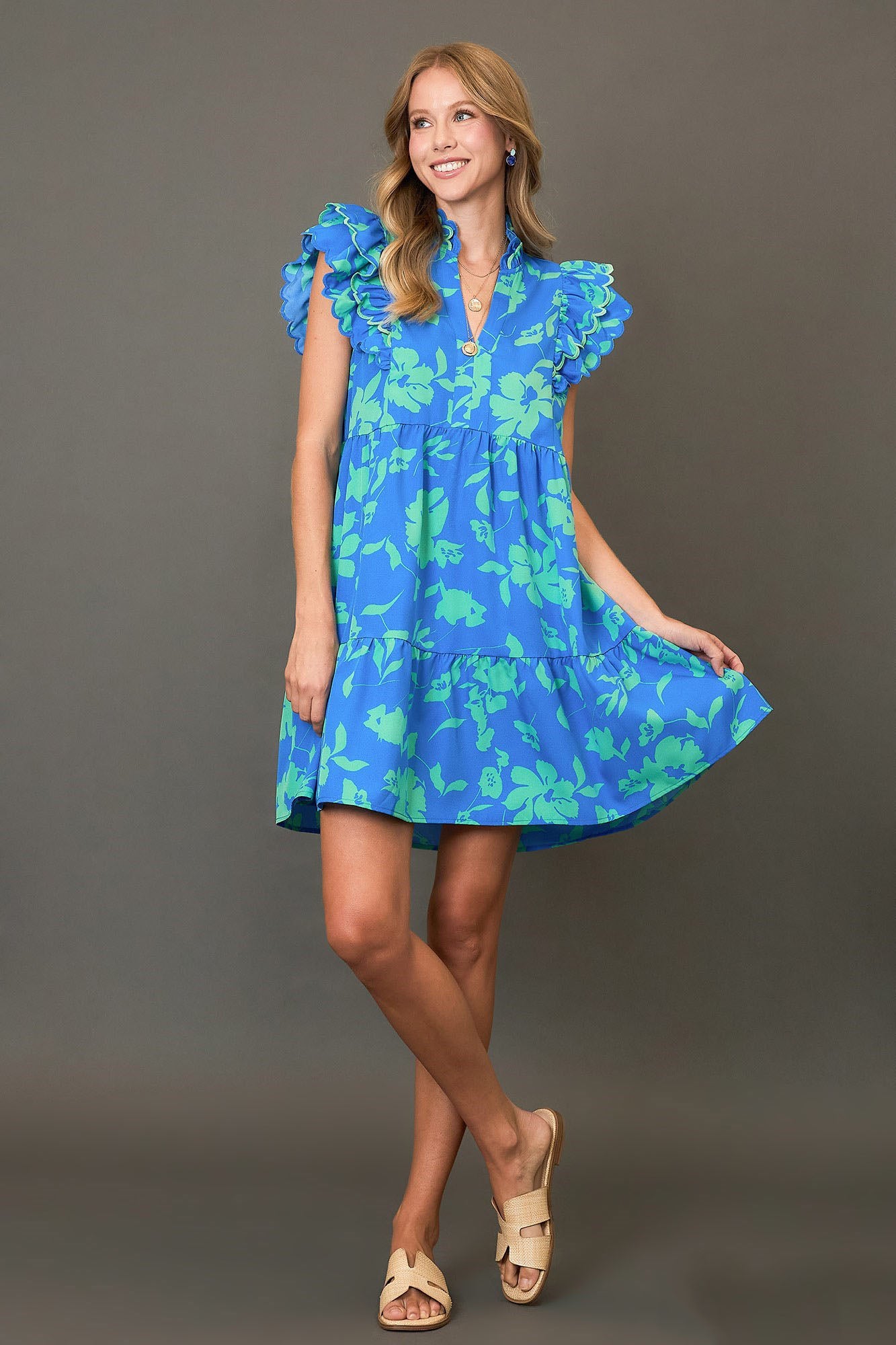 Umgee Full Size Two Tone Floral Print Ruffle Cap Sleeve Mini Dress Plus Size - Clothes For Her Online Store