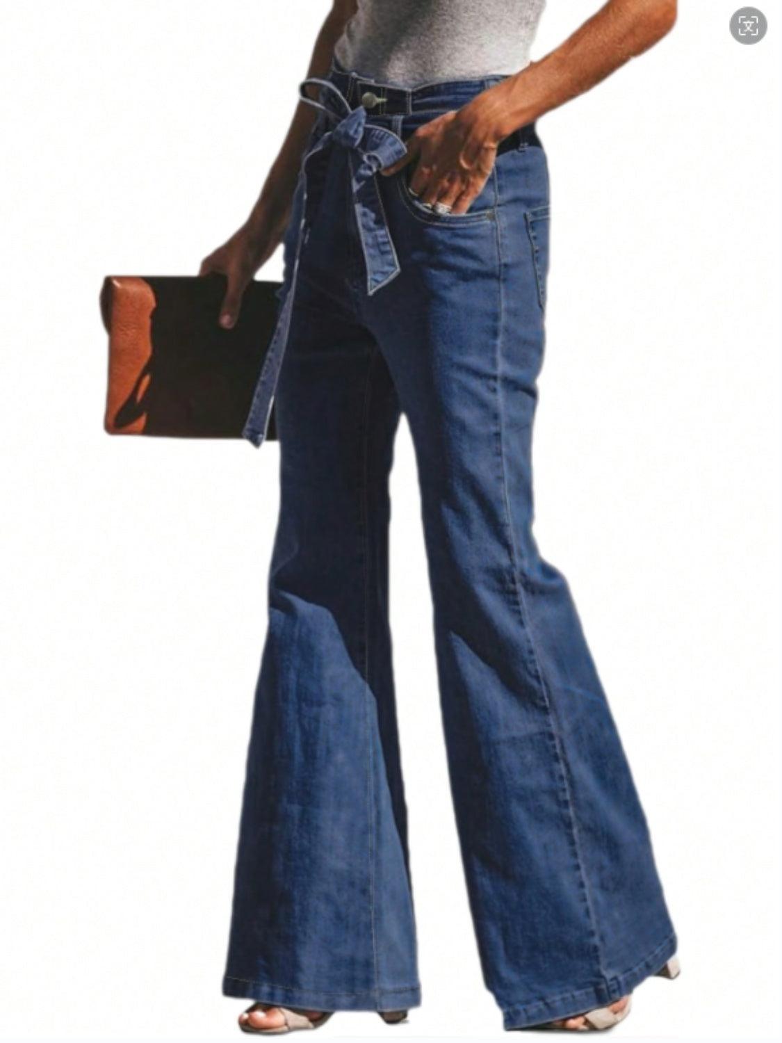 Tied Flare Jeans with Pockets - Clothes For Her Online Store