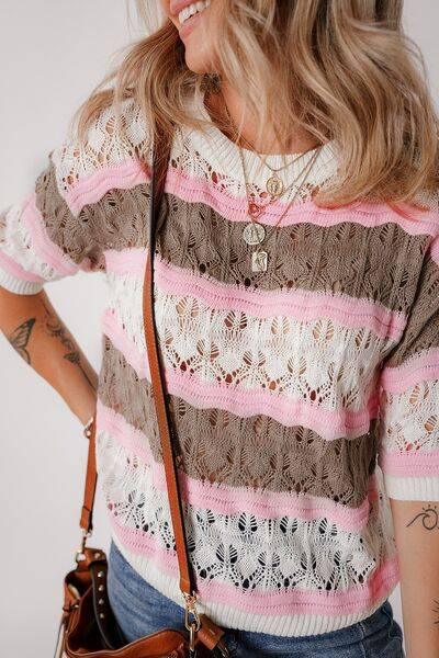 Color Block Openwork Half Sleeve Sweater