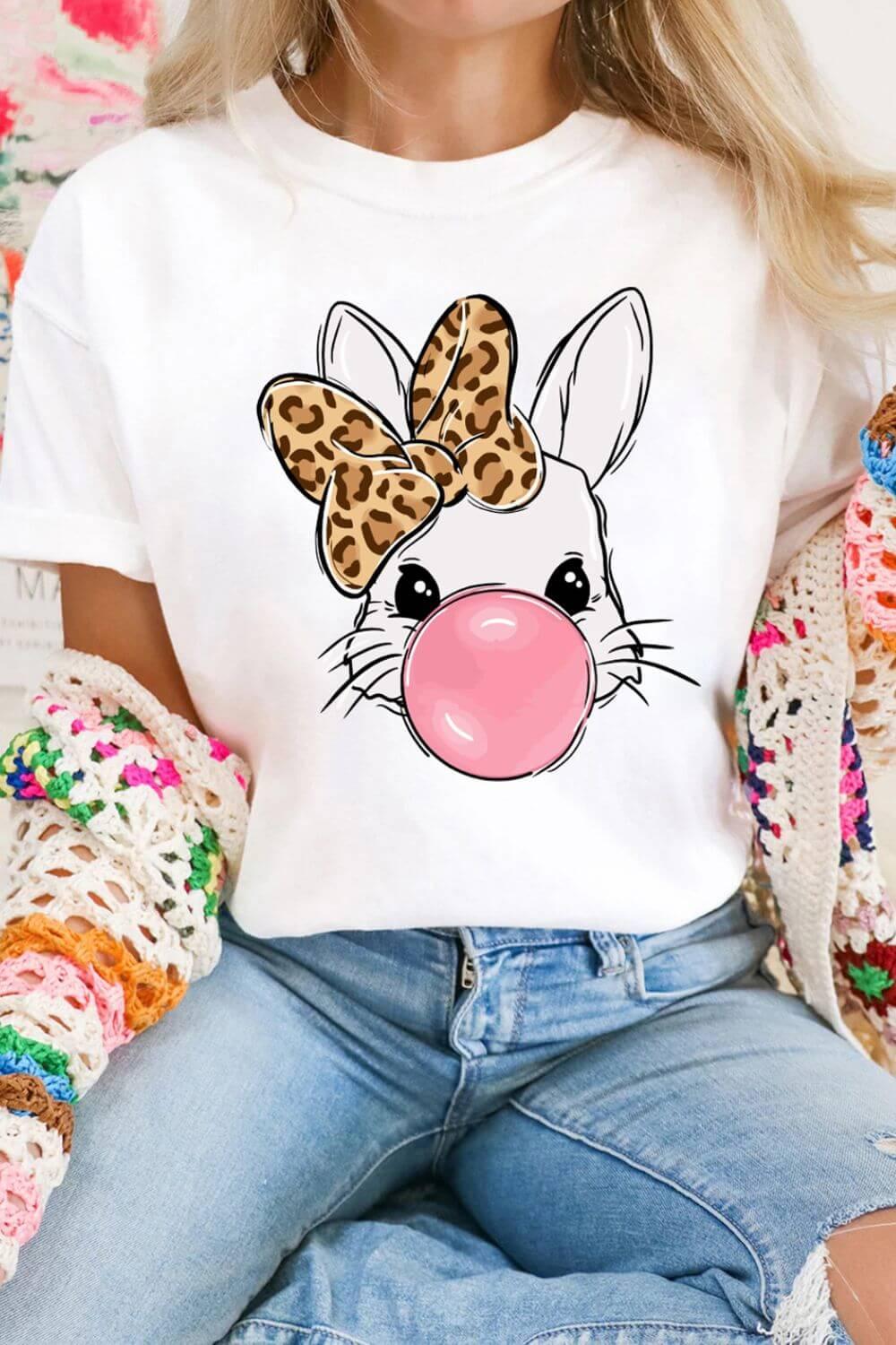 Leopard Bow Rabbit Graphic Round Neck Short Sleeve T-Shirt